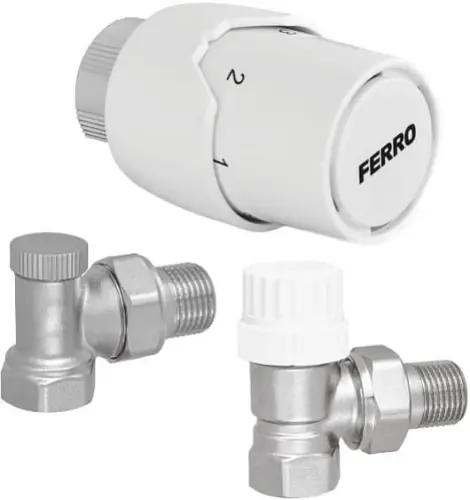 Bezpośrednio od producenta | Głowica termostatyczna + Zawór term + odcinający KĄTOWY 1/2" FERRO - Zestaw [ZTM21]