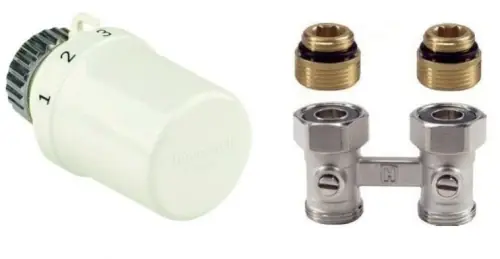 Niska cena | Głowica termostatyczna + Zawór podwójny PROSTY 3/4" z nyplami 1/2" Honeywell - Zestaw