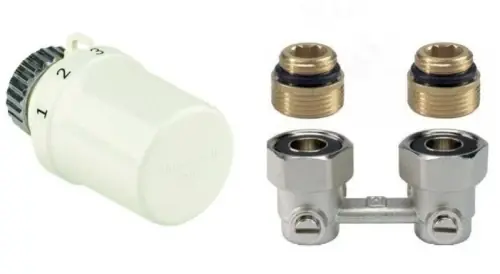 Głowica termostatyczna + Zawór podwójny KĄTOWY 3/4" z nyplami 1/2" Honeywell - Zestaw - Cena promocyjna