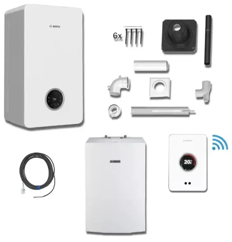 Bardzo popularny produkt | Bosch CONDENS GC2300iW 20P + Zasobnik WD120 + Regulator CT200 + zestaw powietrzno-spalinowy Ø60/100-Ø60 do szachtu (2519) 8734100903